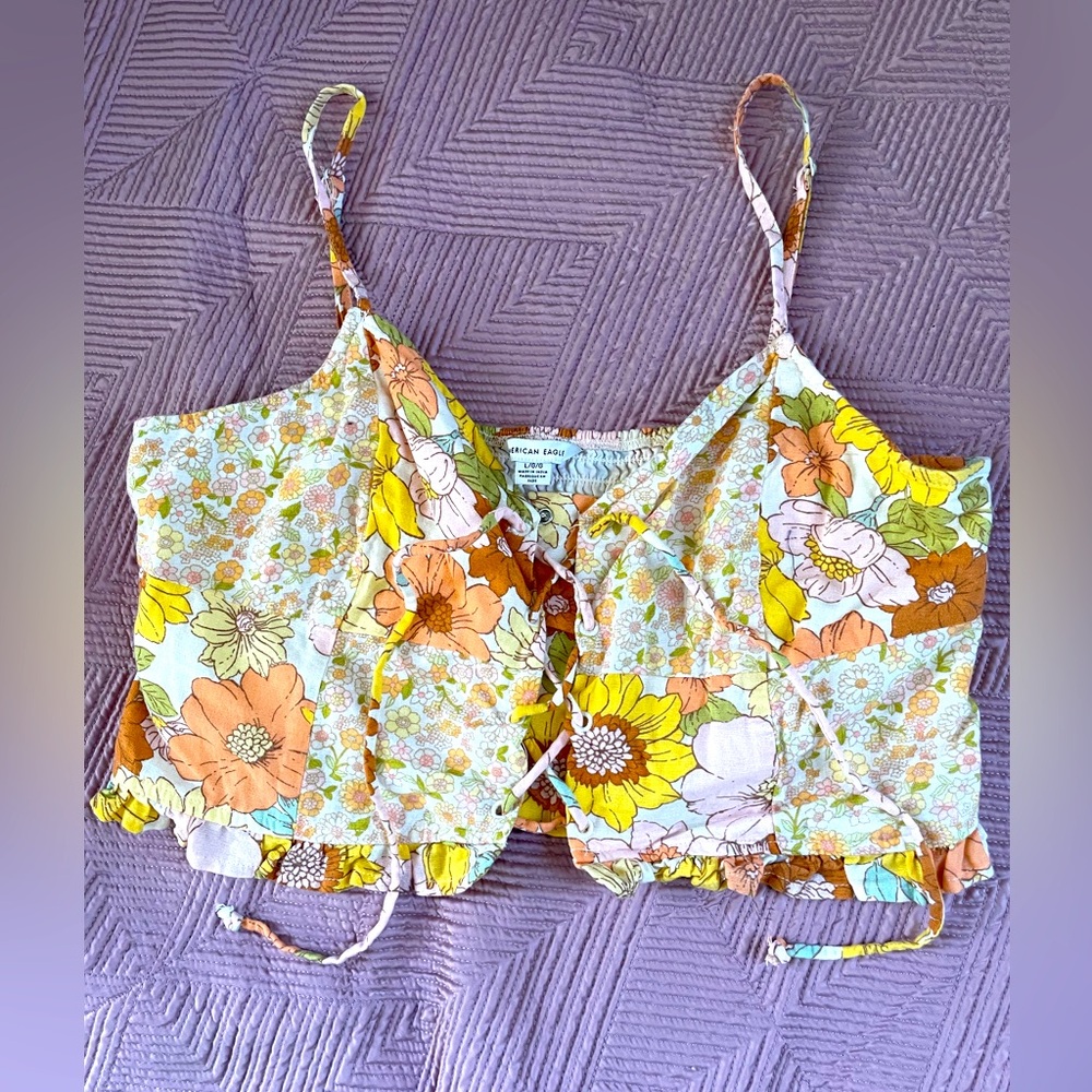 Lace up American Eagle patchwork floral crop top